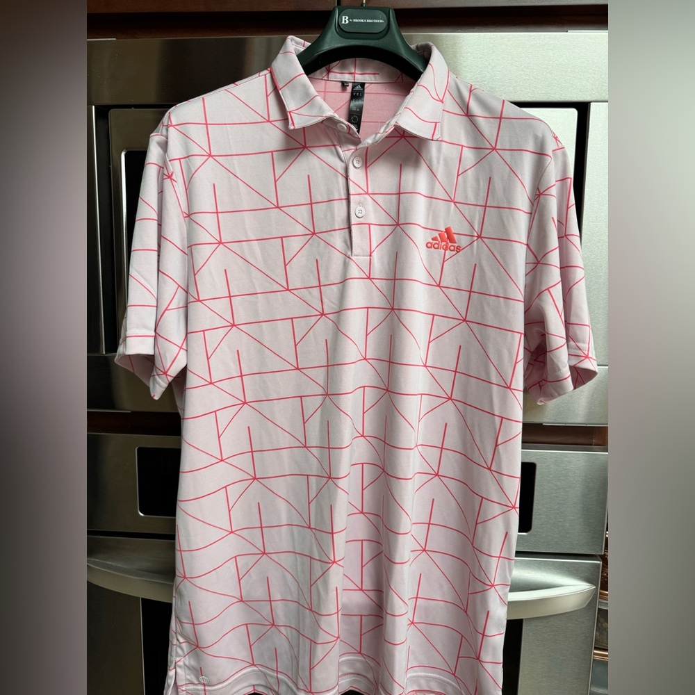adidas Men’s White Polo with Pink Geometric Print